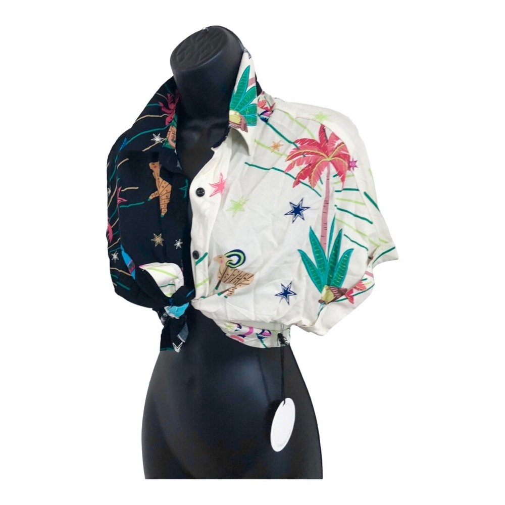 Black white colorblock palm & star print button down shirt size small new